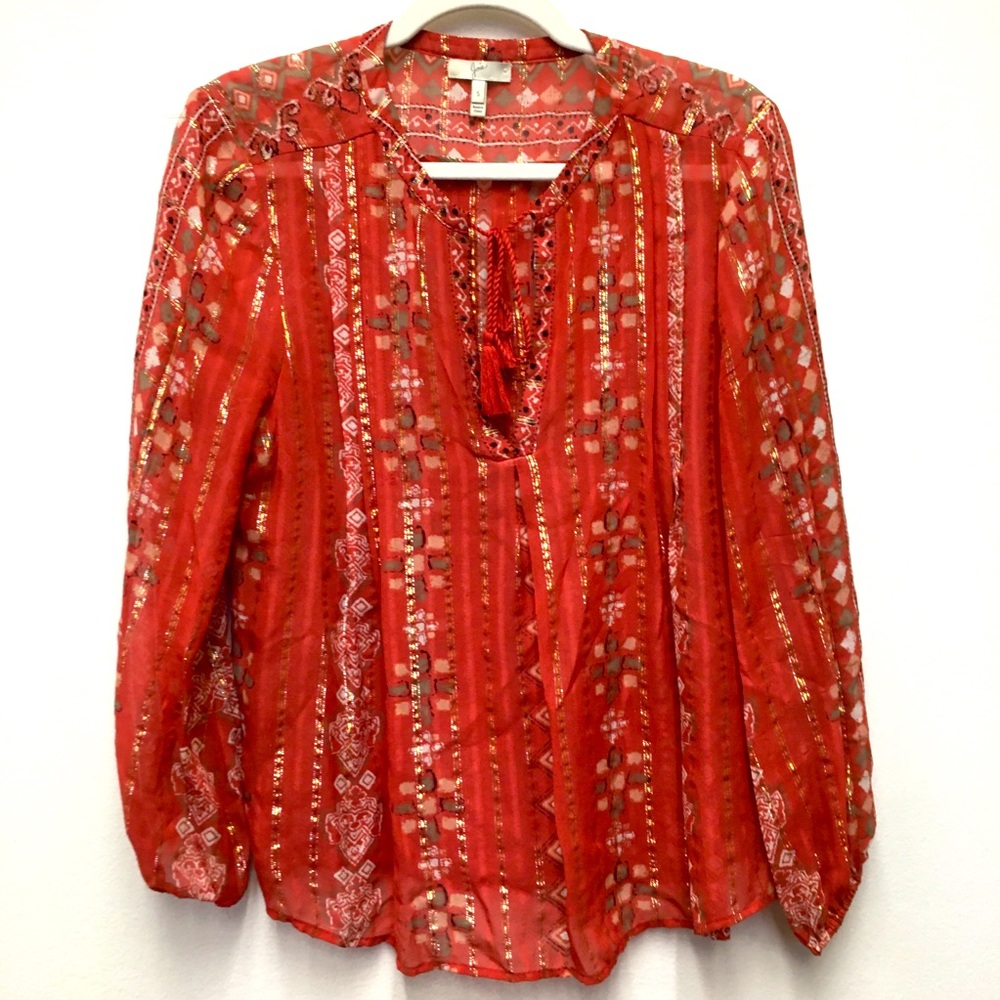 Joie Silk Long Sleeve Tunic Blouse Small Gold Coral Relaxed Fit Lightweight